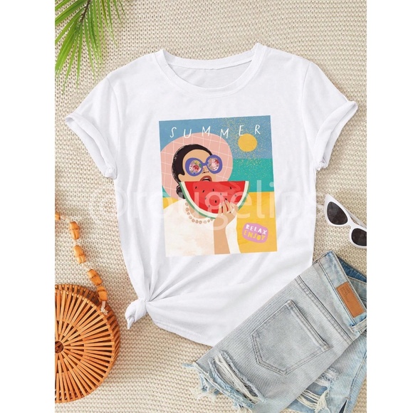 Graphic Appliqué White Summer Tee Shirt Crewneck - Picture 2 of 13